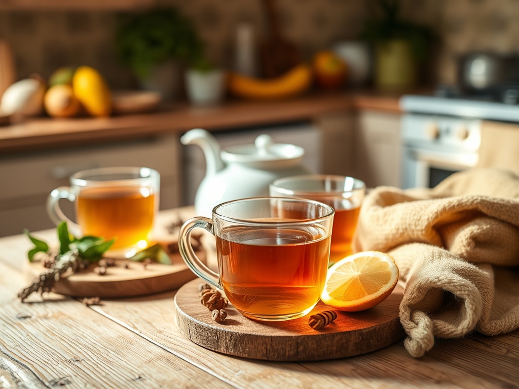 Чашки чая с лимоном и медом на деревянных подносах, уютная кухня с фруктами на фоне.