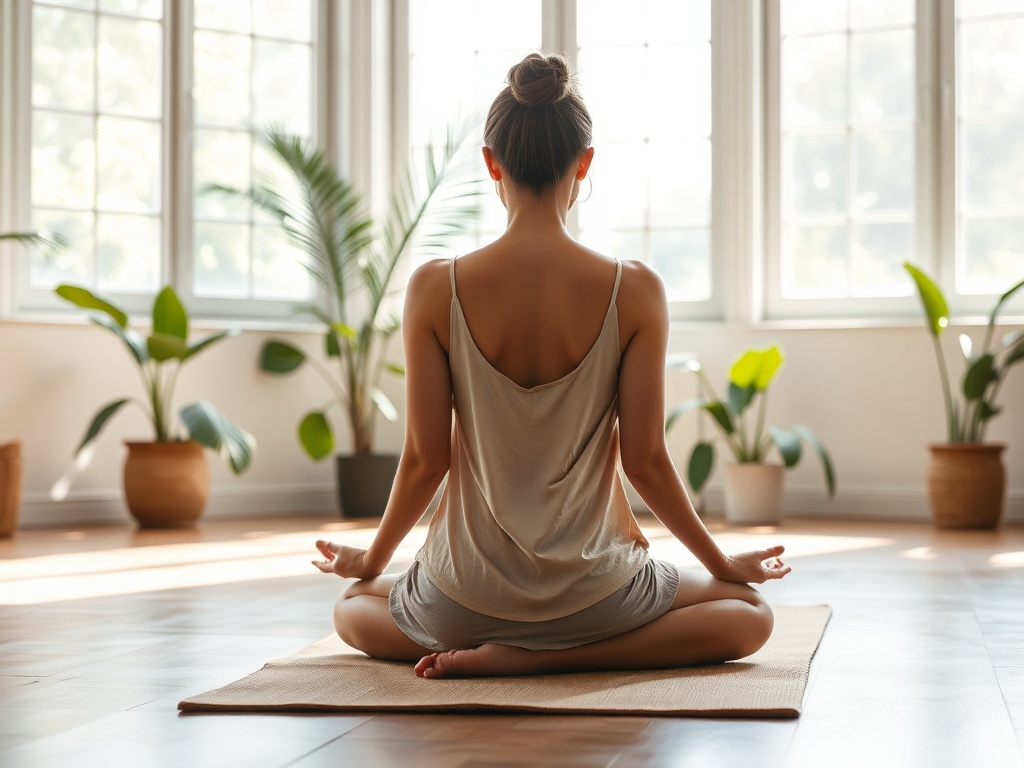Женщина в позе медитации сидит на коврике в светлом помещении с растениями. Спокойная атмосфера.